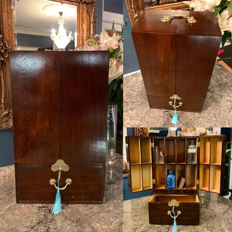 19thC Mahogany Campaign Apothecary Cabinet with Key & Extra’s