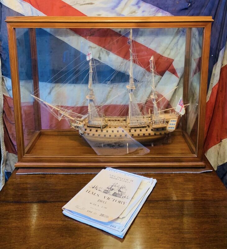 Large Rosewood Glazed Cased Hand Built 1:98 Scaled Model of HMS Victory & Literature.