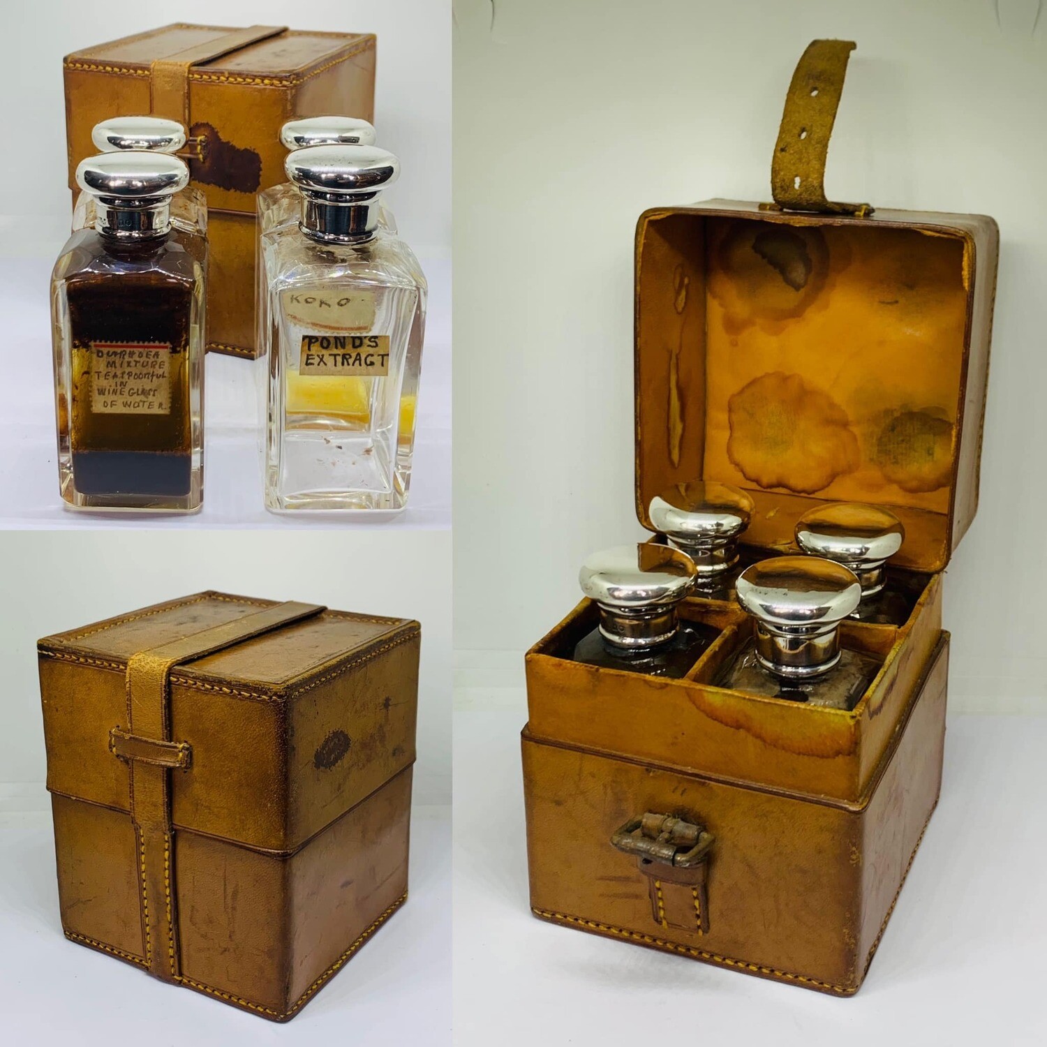 ​Fabulous Campaign Leather Cased Silver Tincture Bottles by John Pound & Co (HM.1911/2)