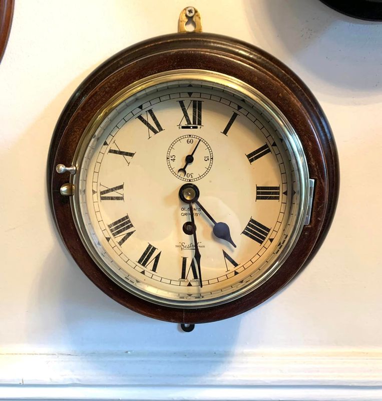 Fabulous Vintage Mahogany Cased Ships Bulkhead Clock by Olsen’s of Grimsby