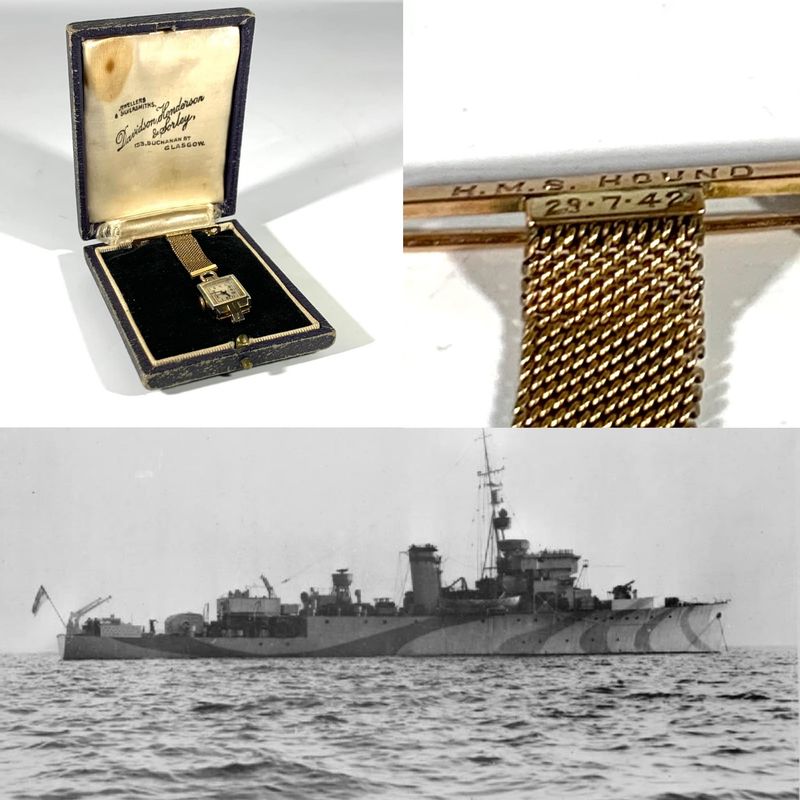 Fabulous Working 9ct Gold Royal Navy HMS Hound Launch Presentation Watch (d.1942)