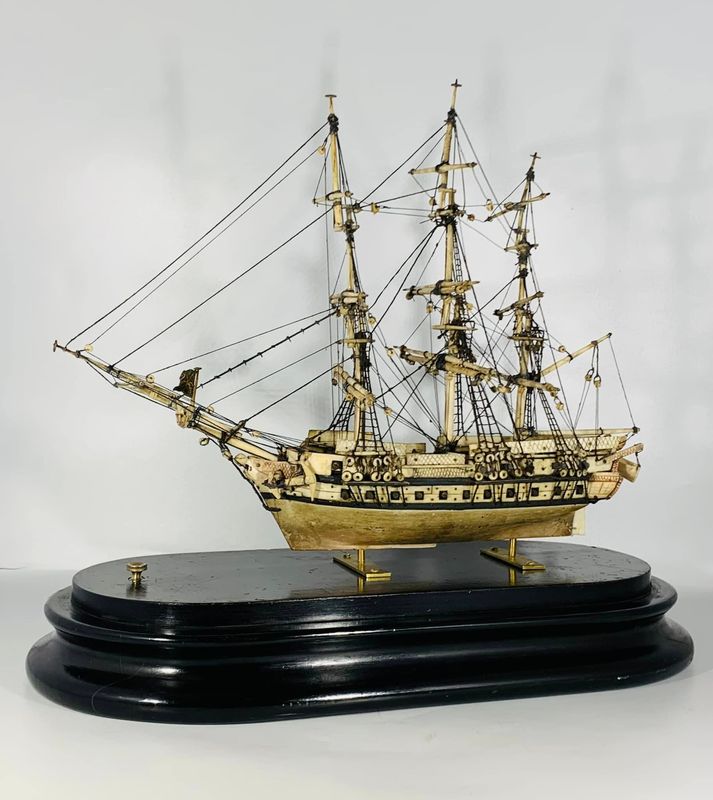 ​Amazing 19thC Napoleonic Prisoner of War Carved Bone 3 Masted 36 Gun Frigate (c.1800-10)