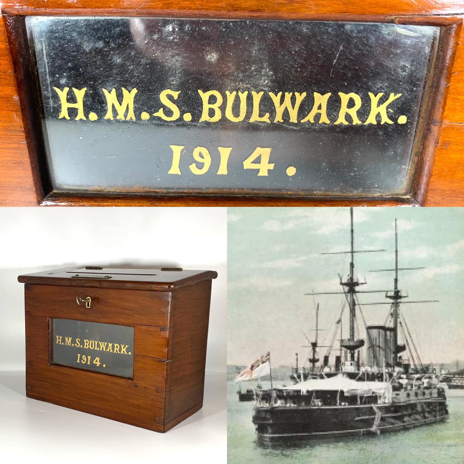 ​Amazing Mahogany Cased Royal Navy HMS Bulwark Ships Letter Box (d.1914)