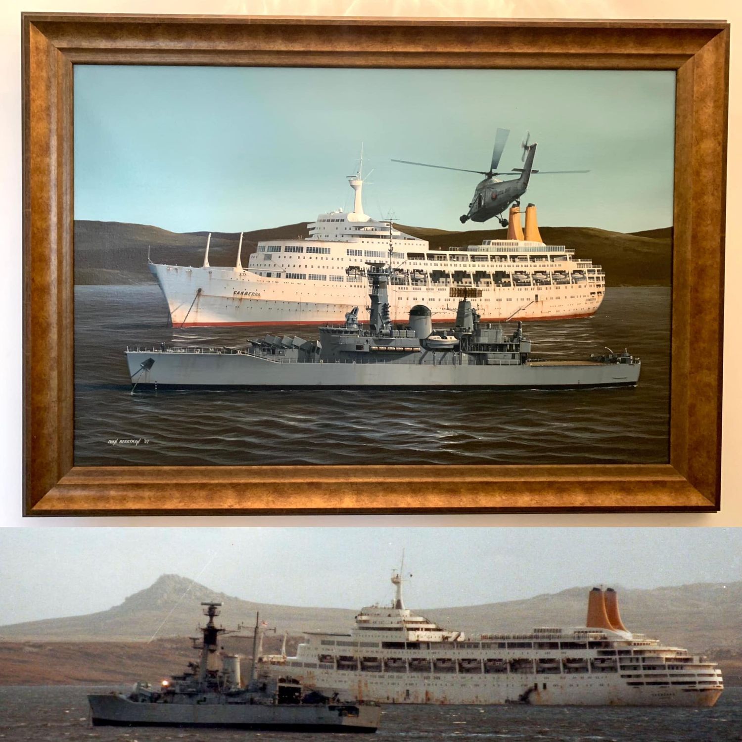 Original Ivan Berryman Oil on Canvas Painting of SS Canberra & HMS Argonaut (Falklands)