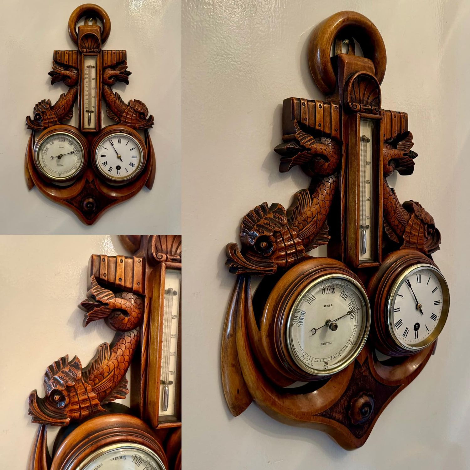 ​Wonderful Carved Walnut Nautical Clock & Barometer Compendium by Henry Cross (c.1860)