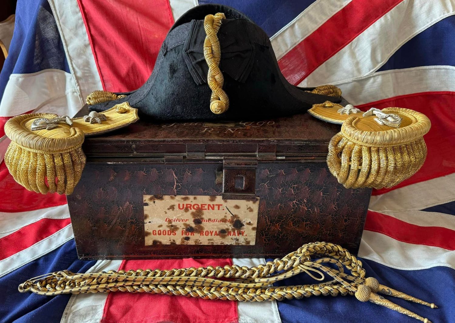 ​1920’s Royal Navy Ceremonial Officers Gold Braided Bicorne Hat & Dress (Lt J. De. F Jago RN)