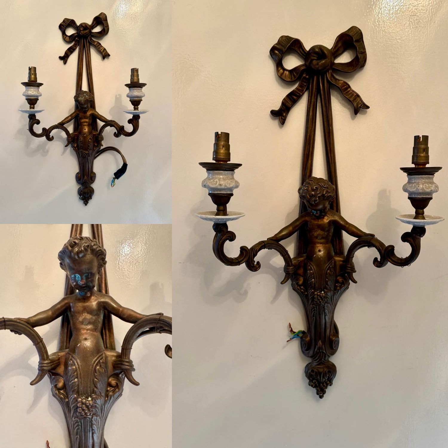 Fabulous Matching Pair of Bronze & Ceramic French Cherub Wall Flambeau’s (Lamps) c.1930’s