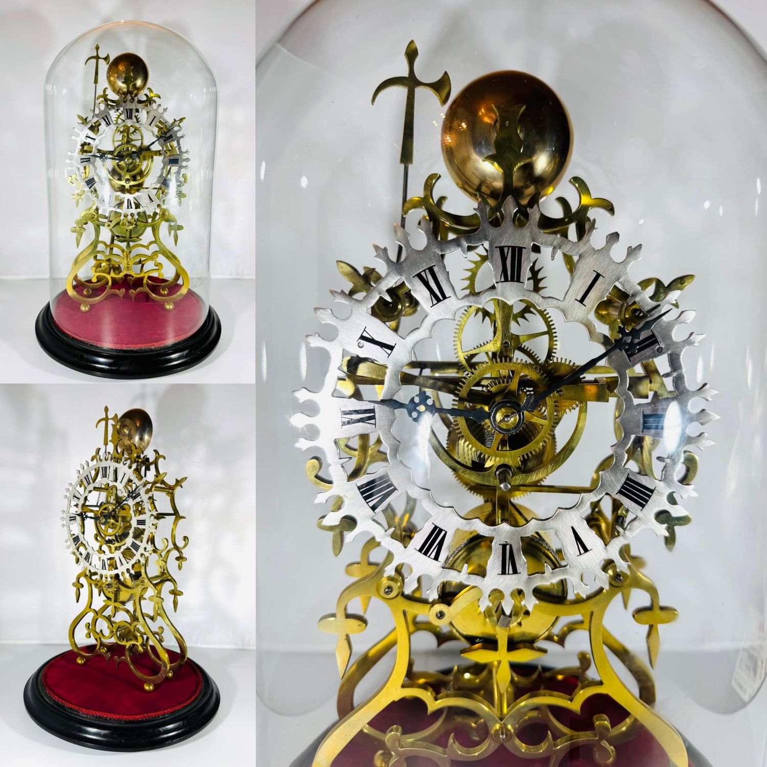 Superb Fully Functional Large Glass Domed Solid Brass Fusee Skeleton Clock