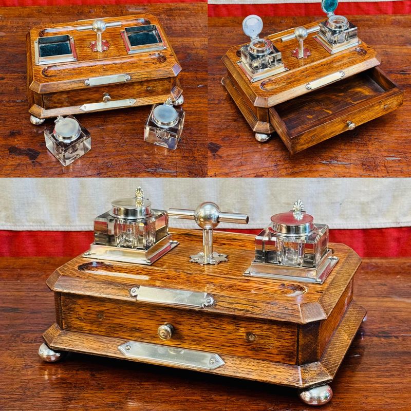 Fabulous English Golden Oak & Silver Edwardian Partners Inkwell Standish (c.1910)