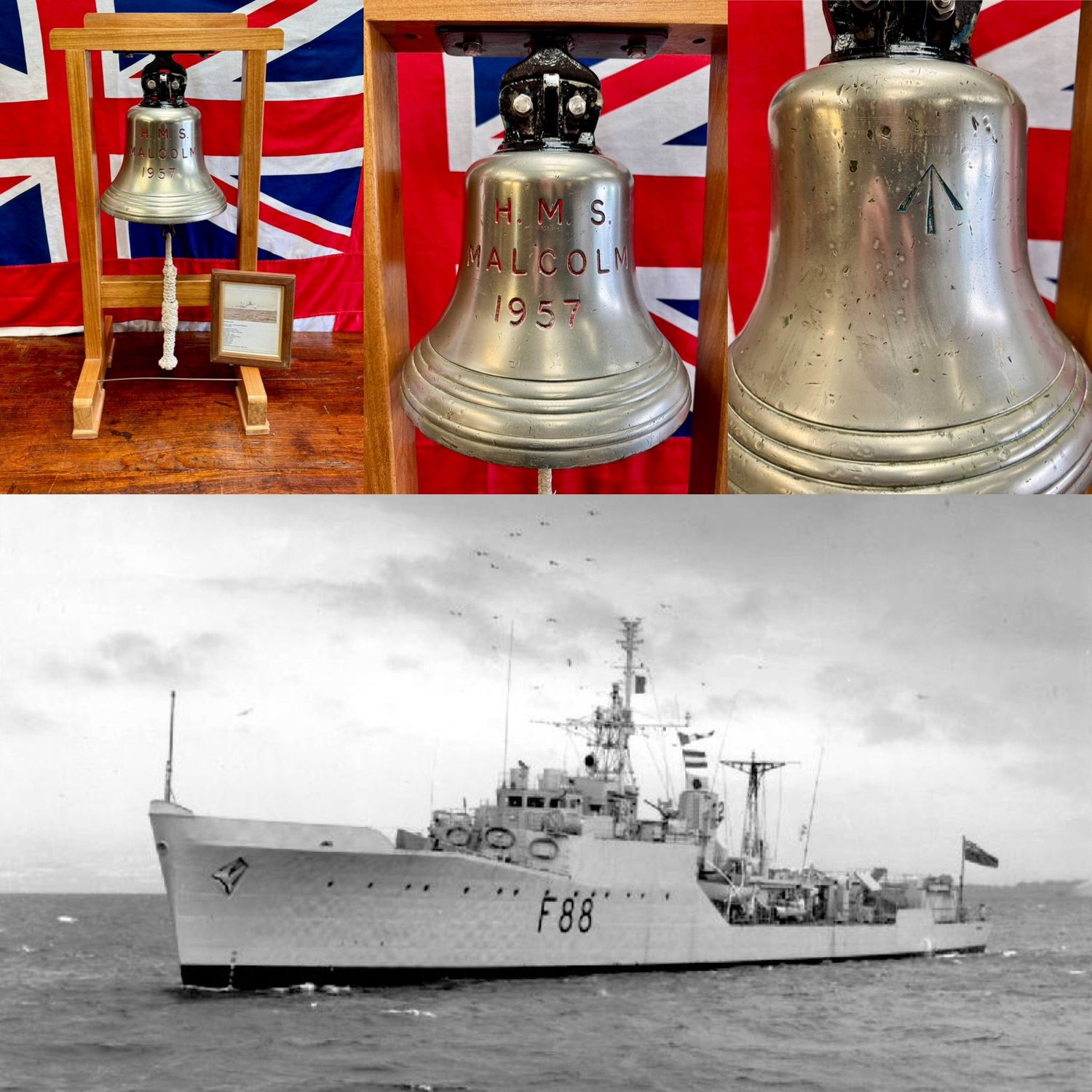 Superb Vintage Royal Navy HMS Malcolm Commissioning Bell & Stand d.1957
