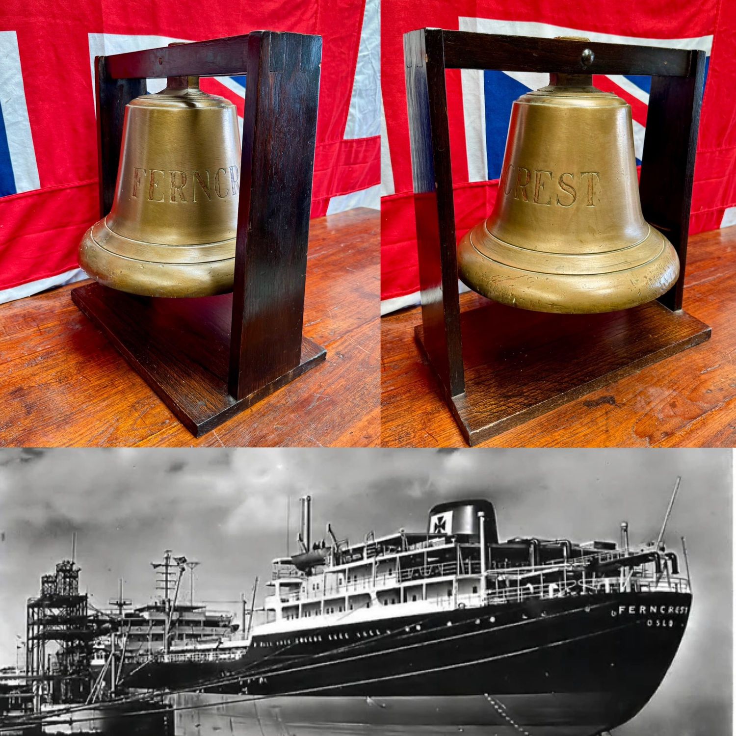 Large Norwegian Crude Oil Tanker “Ferncrest” Ships bell and Cradle. C.1956
