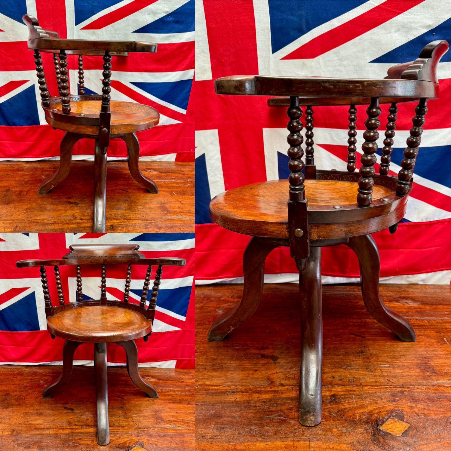Gorgeous Victorian Elm & Mahogany Bobbin Back Swivel Arm Chair (Captains Chair)