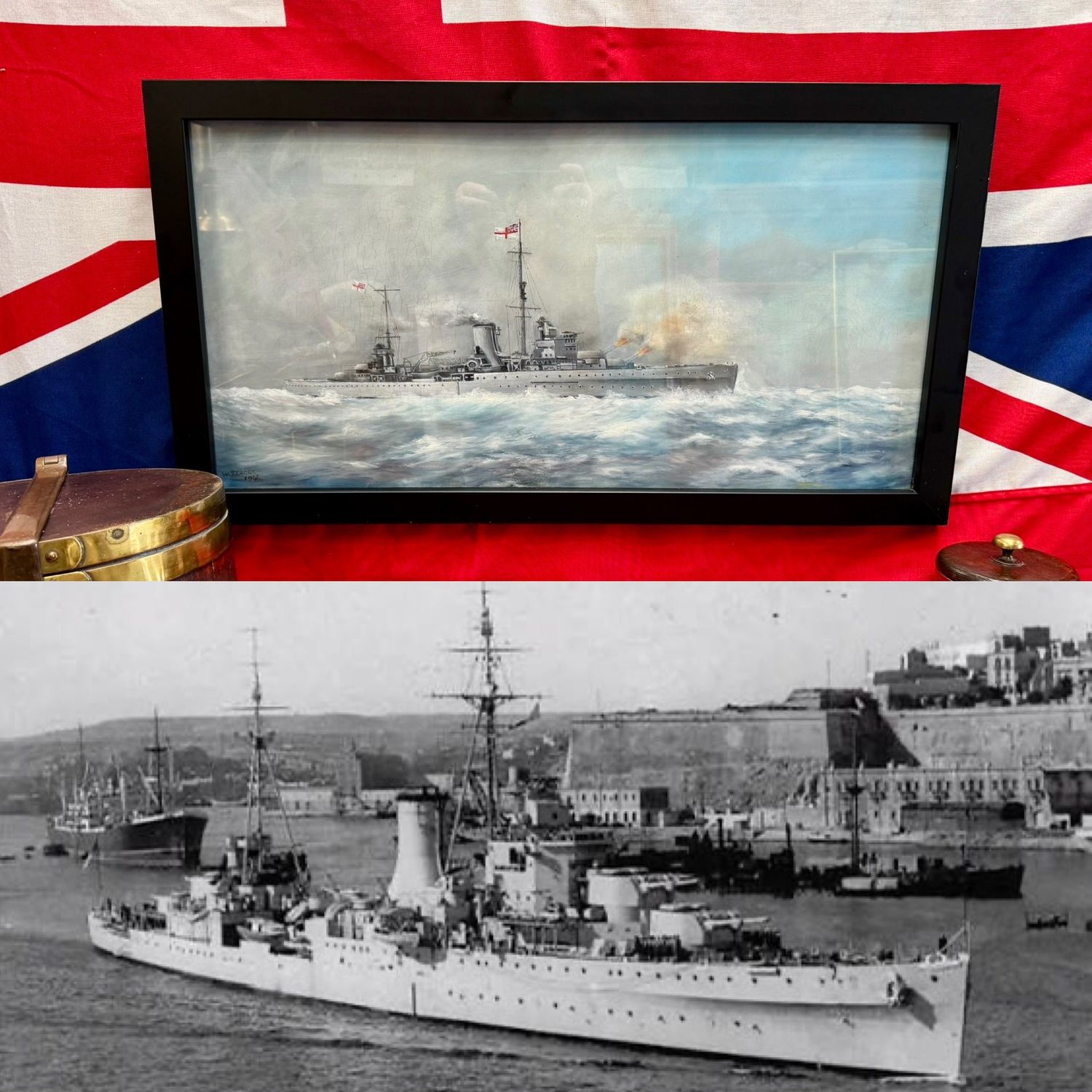 Superb WW2 Royal Navy HMS Ajax Oil Painting by W.S Lacey d.1946