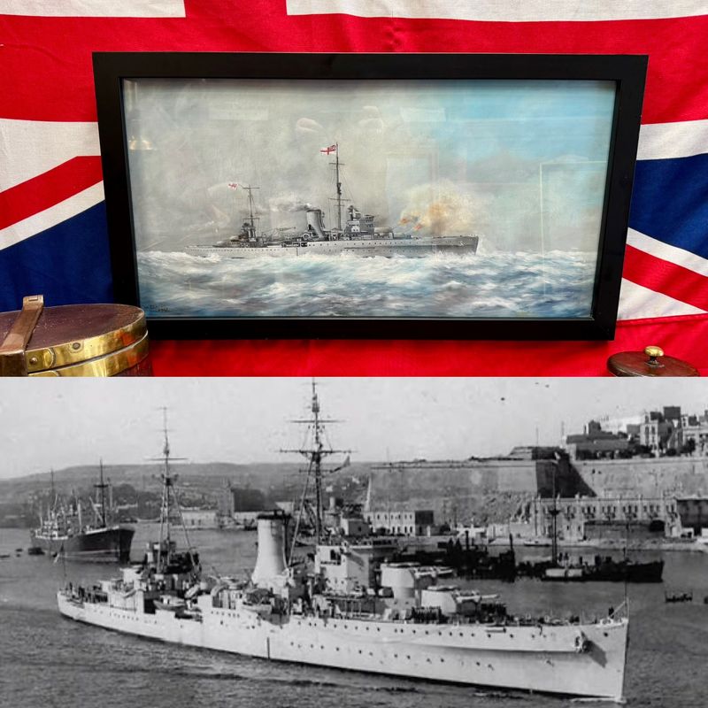 Superb WW2 Royal Navy HMS Ajax Oil Painting by W.S Lacey d.1946