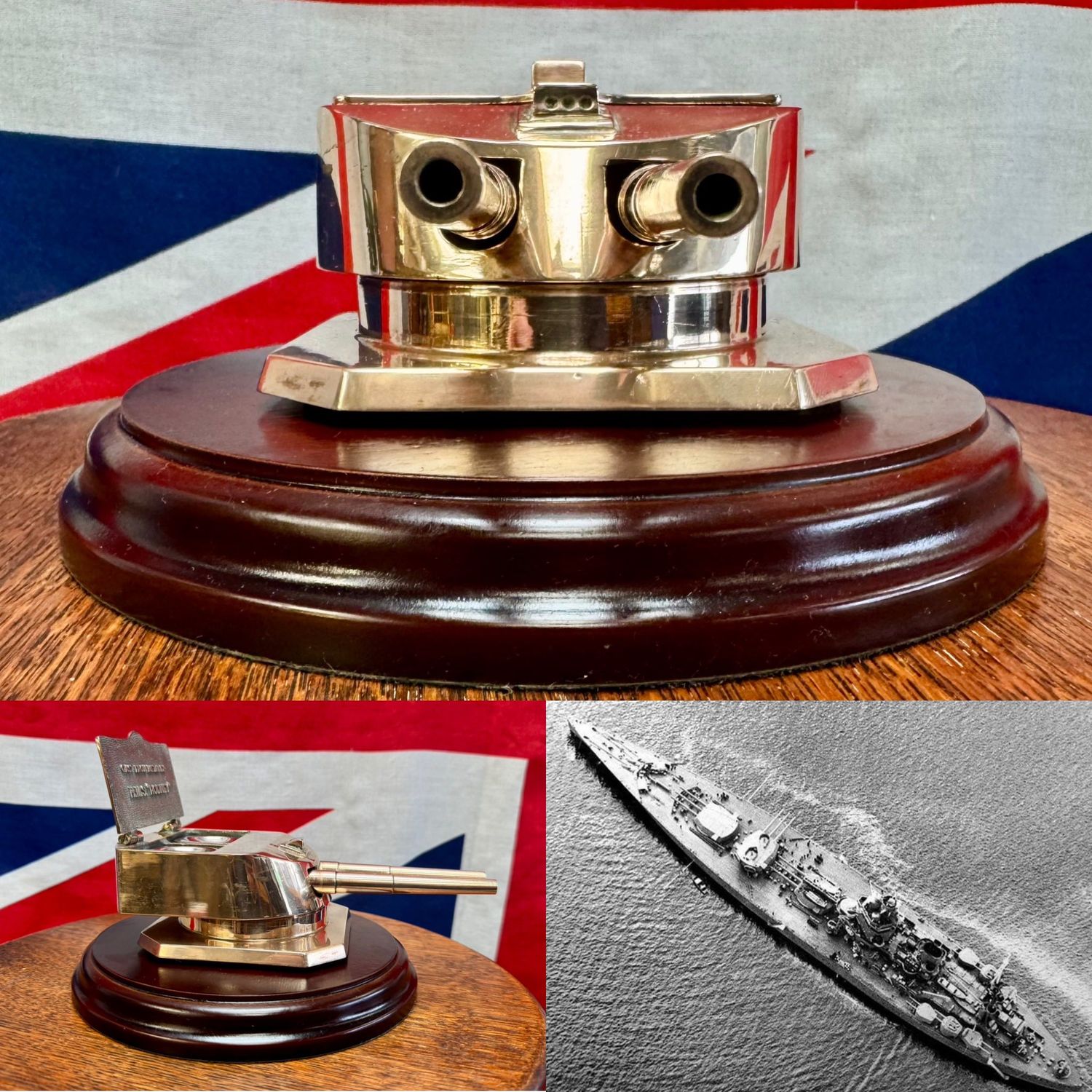 WW2 Royal Navy HMS Rodney Mounted Salvaged Bronze Naval Gun Inkwell c.1948 WW2 Royal Navy HMS Rodney Mounted Salvaged Bronze Naval Gun Inkwell c.1948