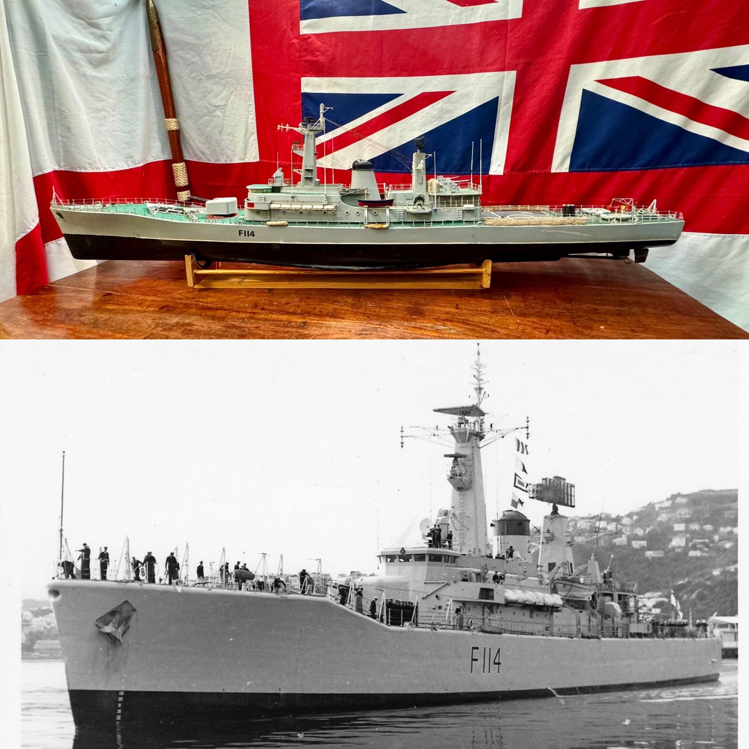 Superb Vintage 6ft Long Motorised GRP Royal Navy HMS Ajax Model. Superb Vintage 6ft Long Motorised GRP Royal Navy HMS Ajax Model.