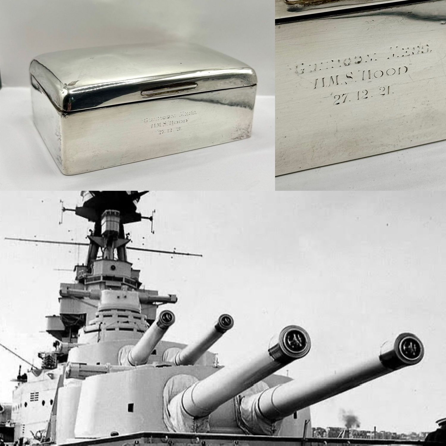 Superb Large Antique Solid Silver HMS Hood Gunroom Mess Cigarette Box & Photo. Superb Large Antique Solid Silver HMS Hood Gunroom Mess Cigarette Box & Photo.
