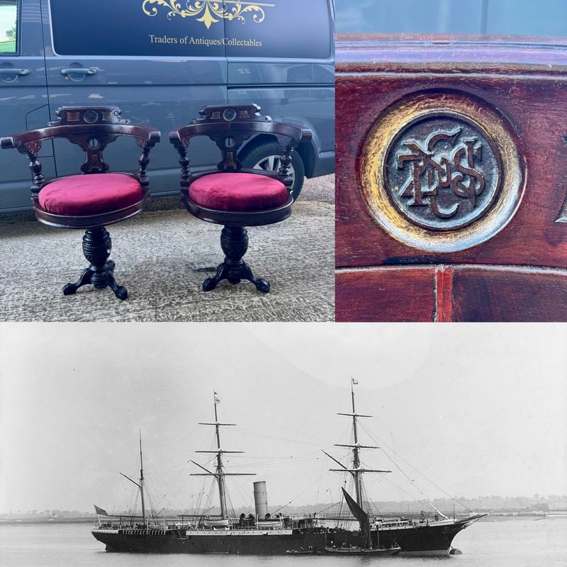 Fabulous Identical Pair of New Zealand Shipping Line Swivel Saloon Chairs c.1890