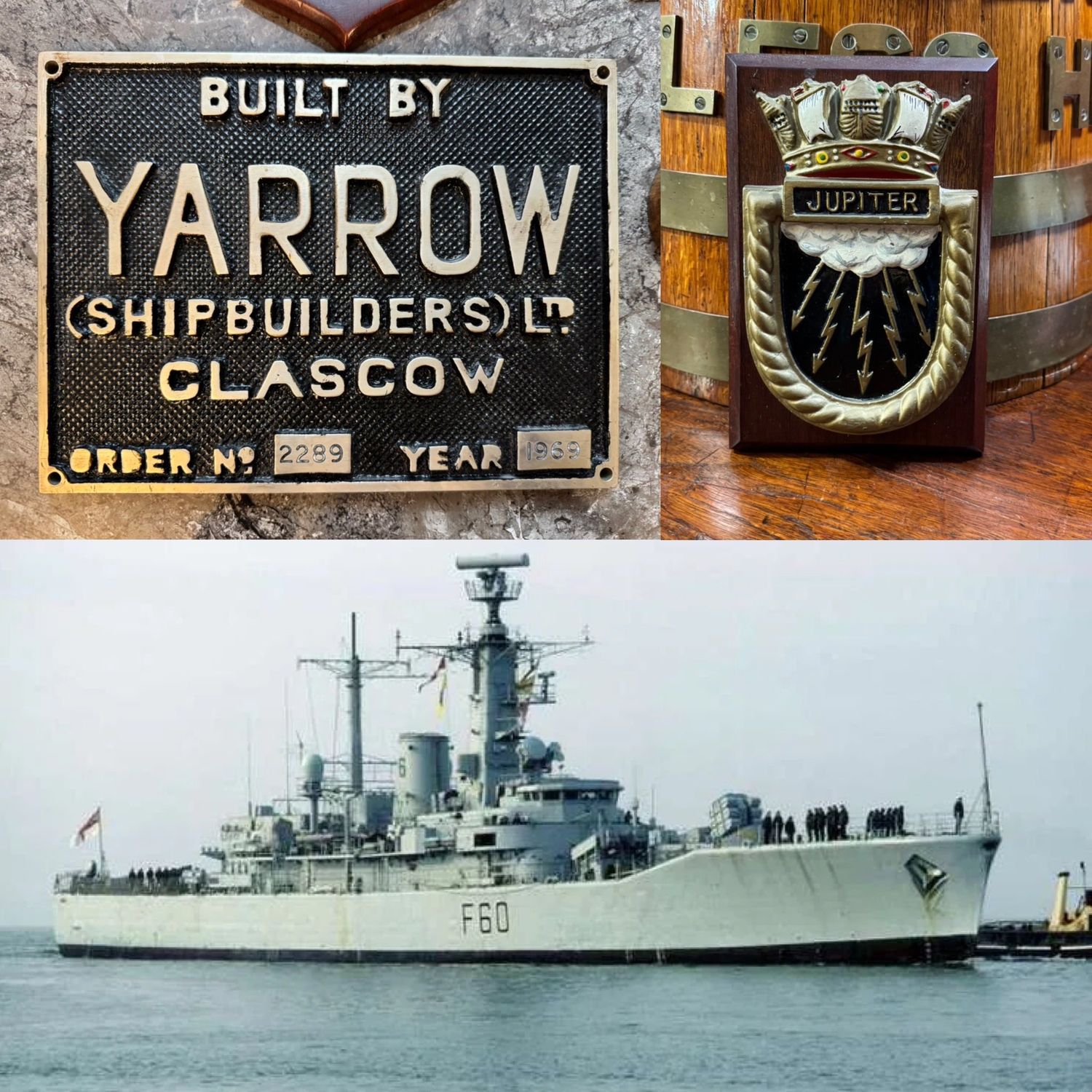 Rare “HMS Jupiter” Yarrow (Shipbuilders) Ltd of Glasgow Shipbuilder’s Plate d.1969