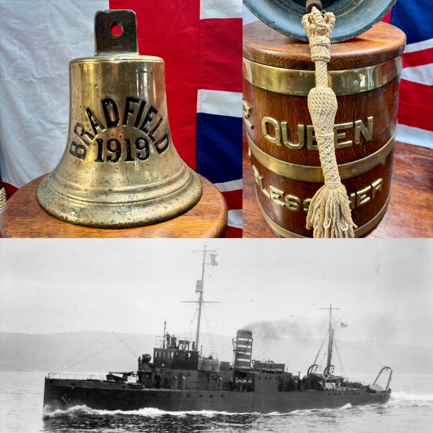Rare Royal Navy HMS Bradfield Bronze Commissioning Bell & Bell Rope d.1919