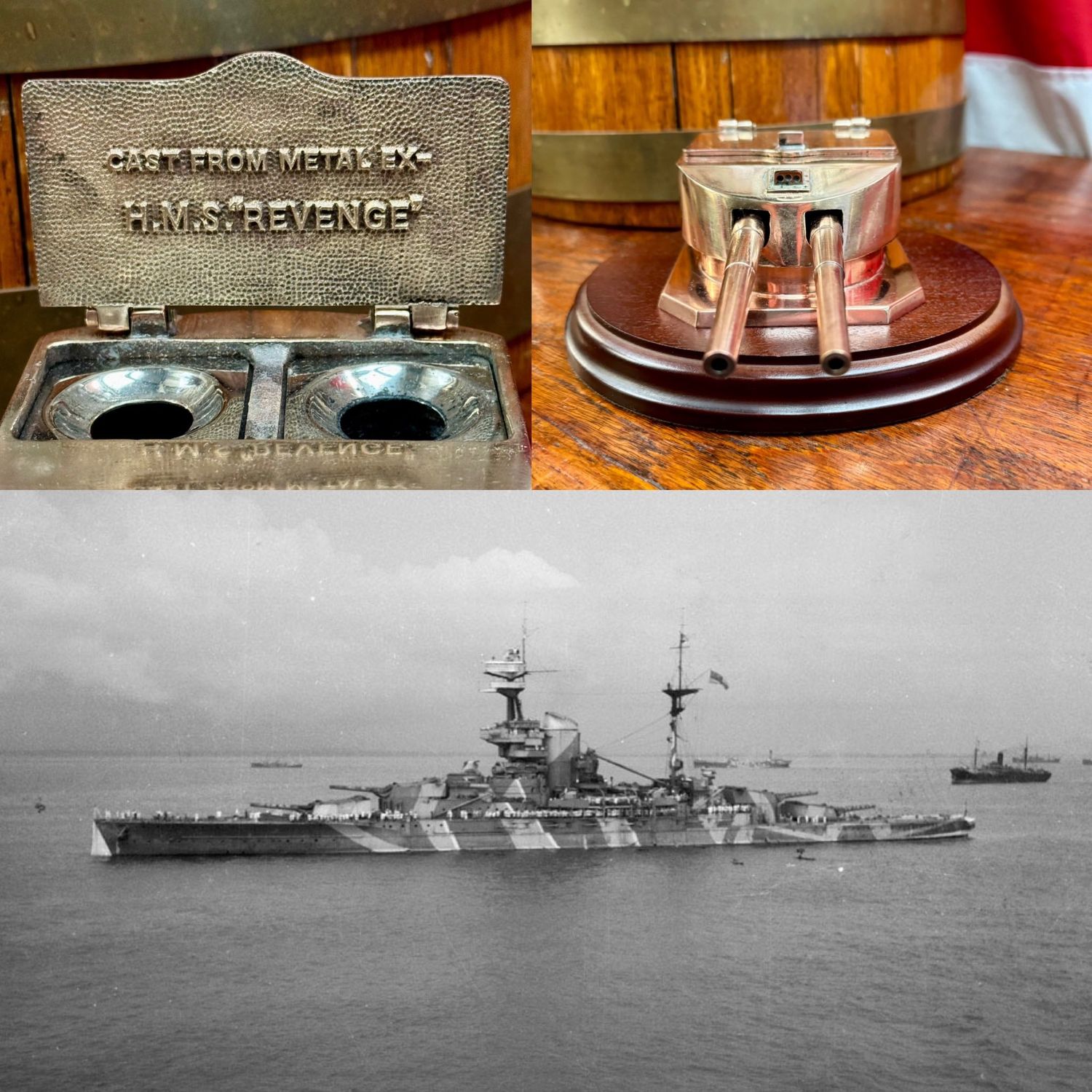 WW2 Royal Navy HMS Revenge Mounted Salvaged Bronze Naval Gun Inkwell c.1948 WW2 Royal Navy HMS Revenge Mounted Salvaged Bronze Naval Gun Inkwell c.1948