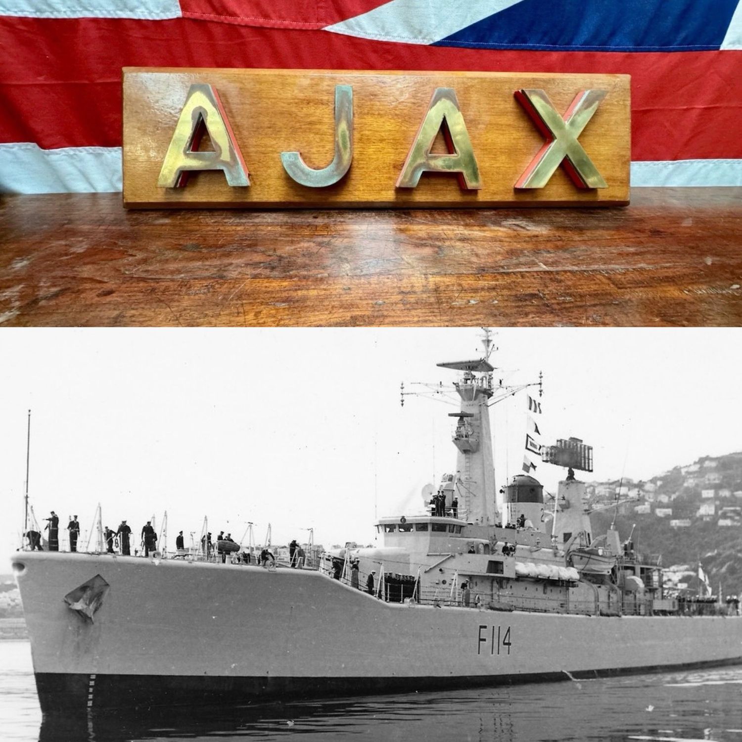 S​uperb Bronze & Mahogany Royal Navy HMS Ajax Name Board c.1963-88