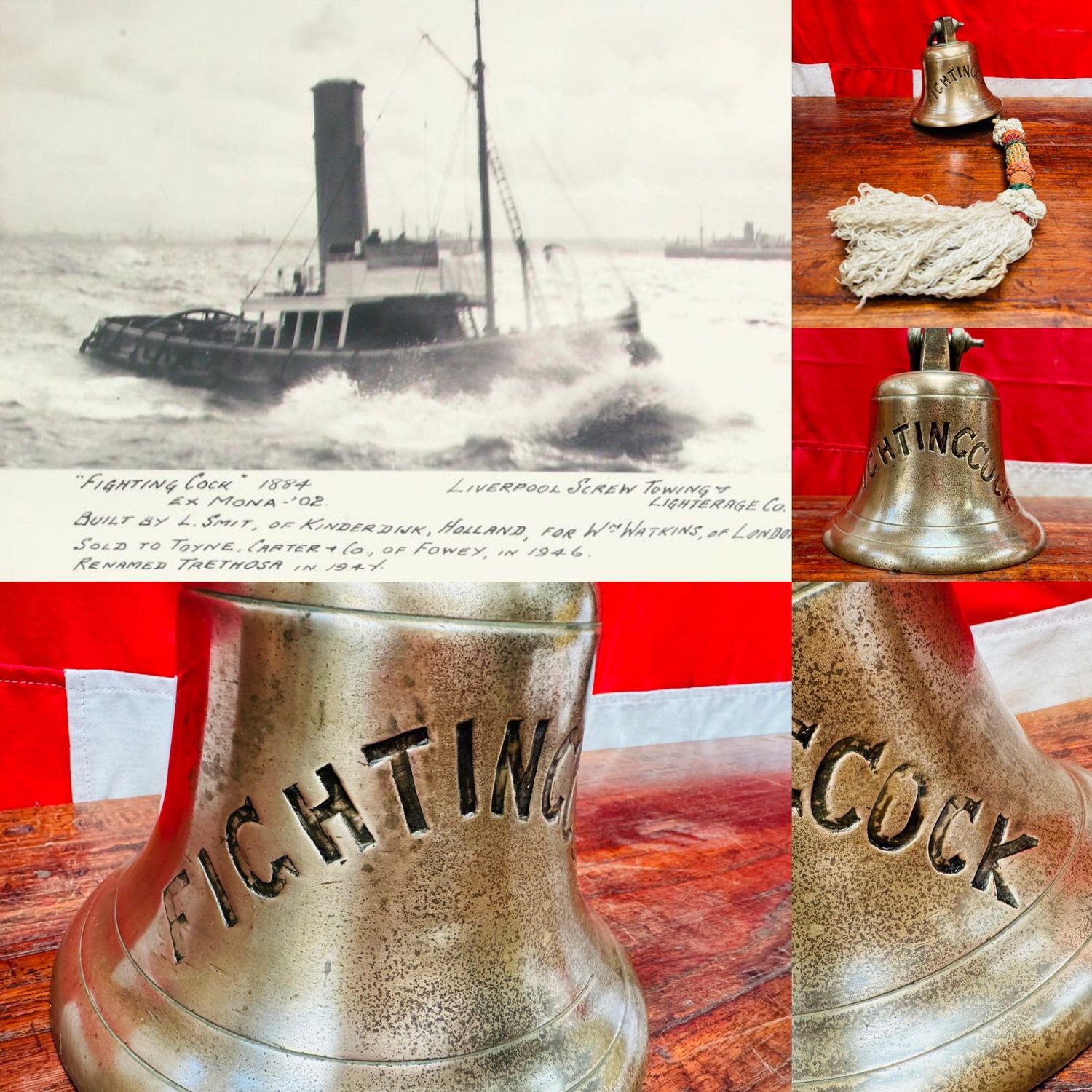 Antique Tugboat “Fighting Cock” Solid Bronze Ships Bell c.1902-1946