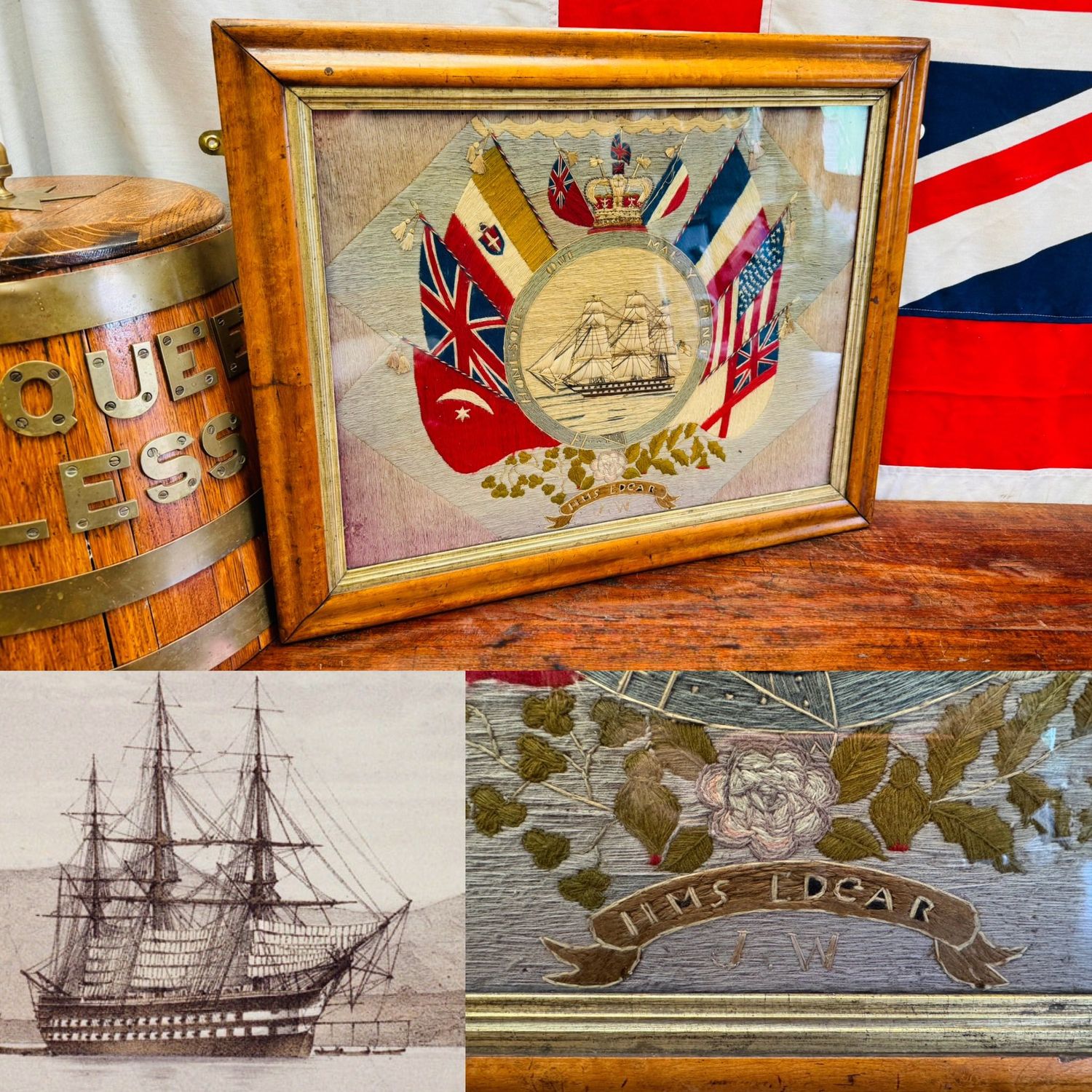 Superb Victorian Royal Navy HMS Edgar Sailors Commissioning Woolly or Wool Work d.1858 Superb Victorian Royal Navy HMS Edgar Sailors Commissioning Woolly or Wool Work d.1858