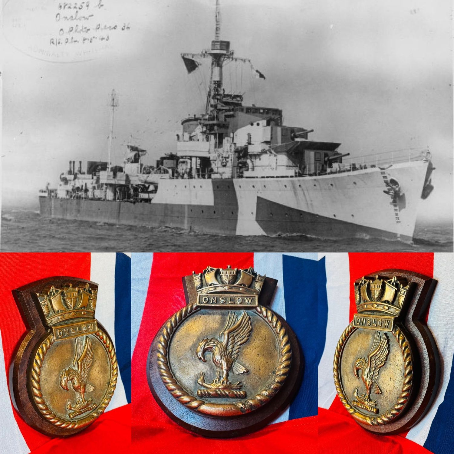 Rare WW2 Solid Bronze Royal Navy HMS Onslow Ships Badge c.1941-47 Rare WW2 Solid Bronze Royal Navy HMS Onslow Ships Badge c.1941-47