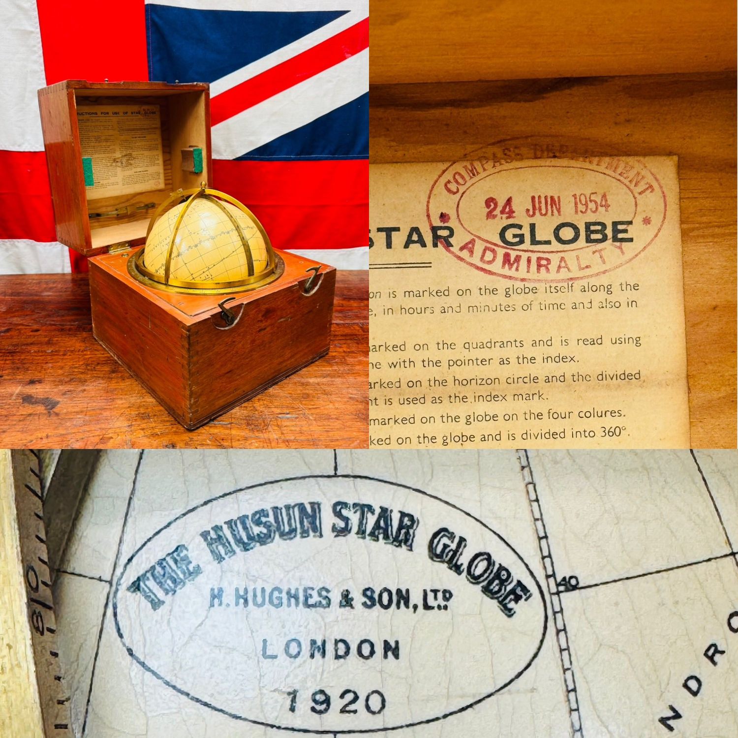 Antique Boxed Royal Navy Henry Hughes & Son Ltd, Husun Celestial Globe d.1920