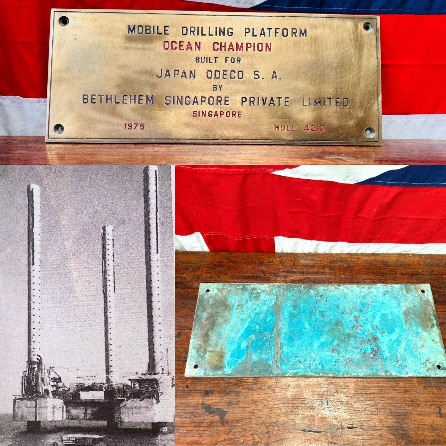 ​Solid Bronze ODECO “Ocean Champion” Oil Drilling Platform Ship Builders Plate d.1975