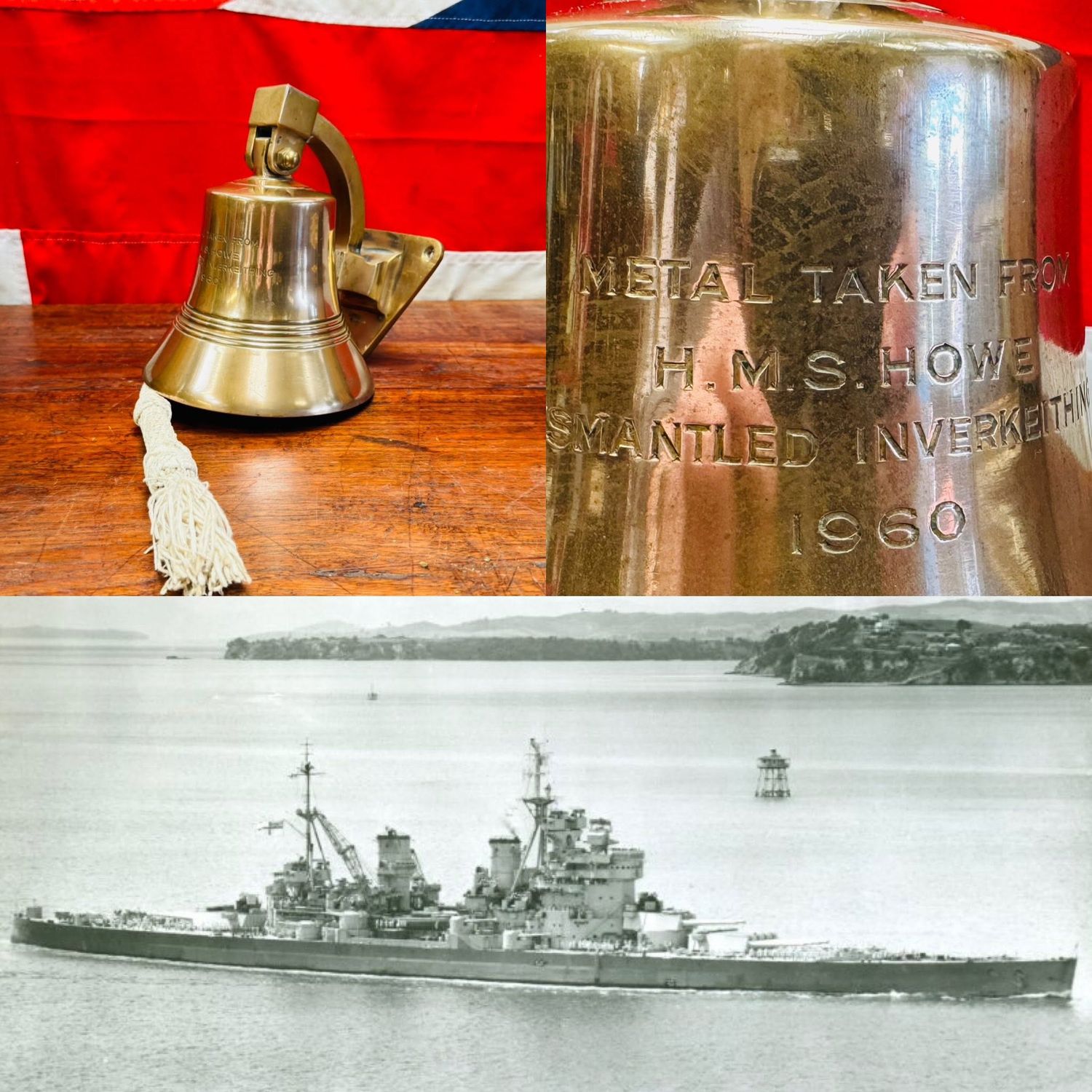 Superb Royal Navy HMS Howe Salvaged Bronze Ships Bell & Hanger c.1942-58