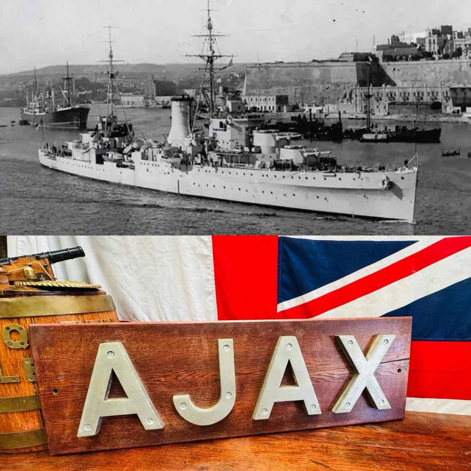 Extremely Rare WW2 Royal Navy HMS Ajax Bronze/Mahogany Name Board c.1935-49