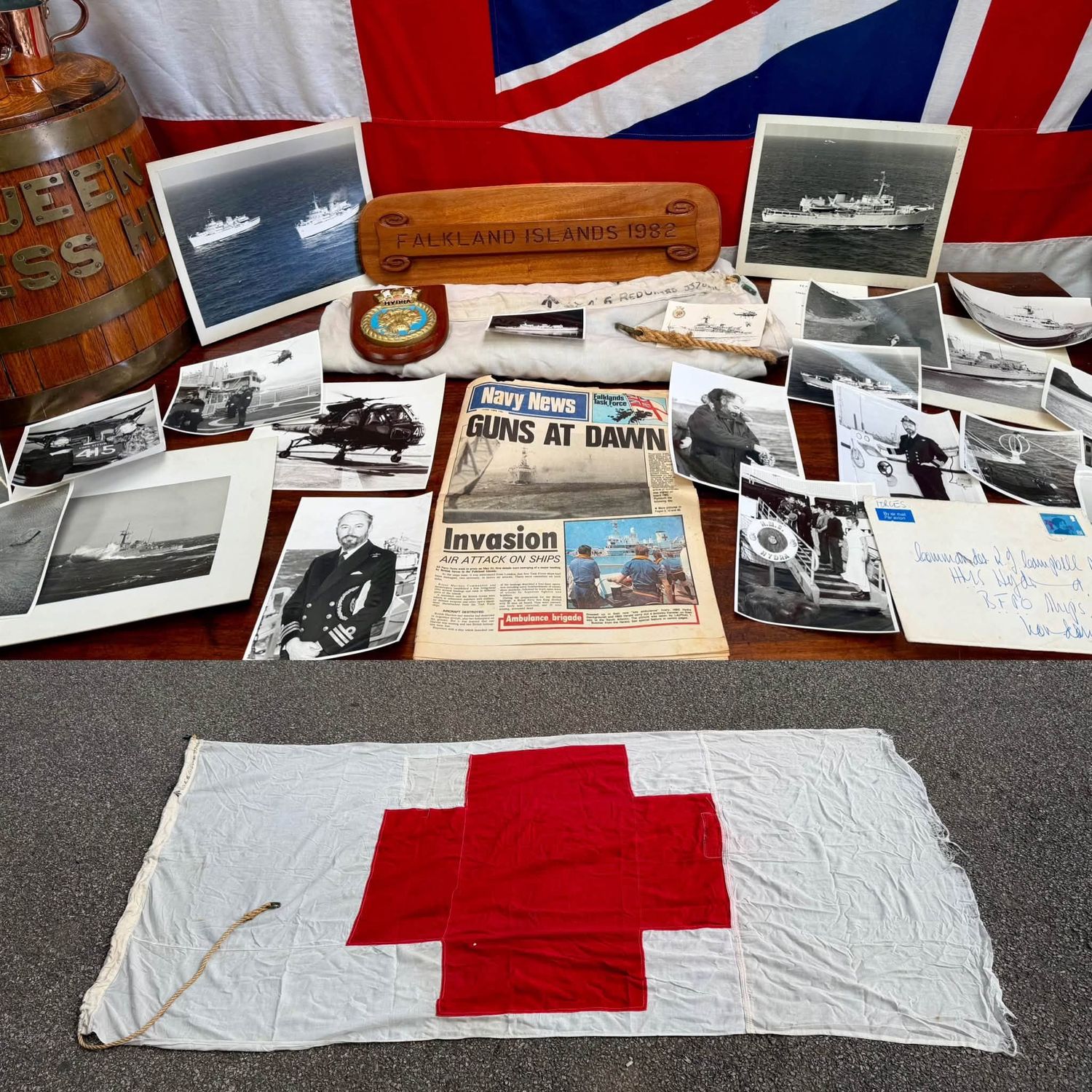 Royal Navy HMS Hydra Falklands Conflict Red Cross Flag, Honours Board & Photographic Ephemera c.1982 Royal Navy HMS Hydra Falklands Conflict Red Cross Flag, Honours Board & Photographic Ephemera c.1982
