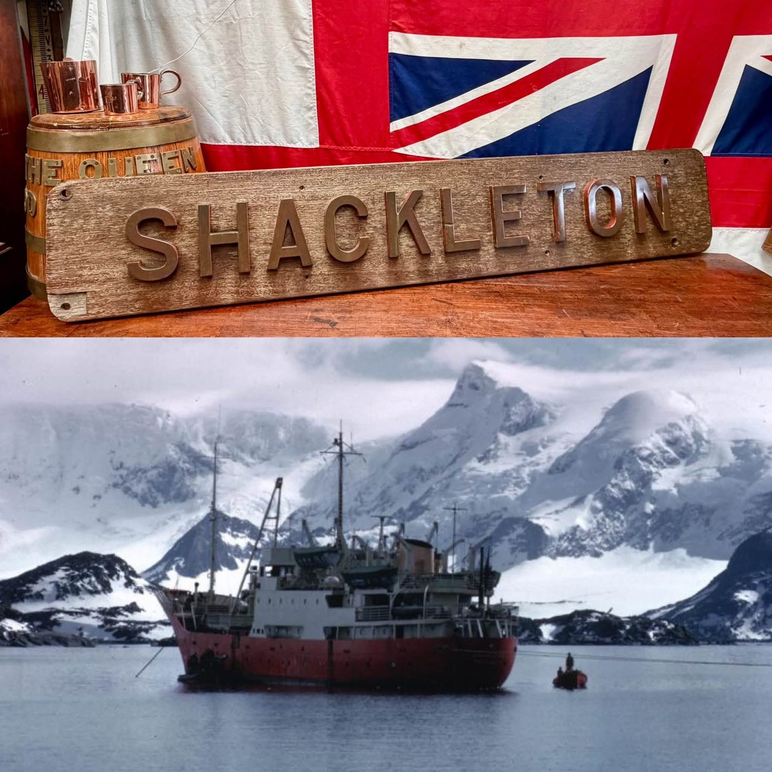 Superb Rare RRS Shackleton Bronze & Oak Name Board c.1955-83. Superb Rare RRS Shackleton Bronze & Oak Name Board c.1955-83.