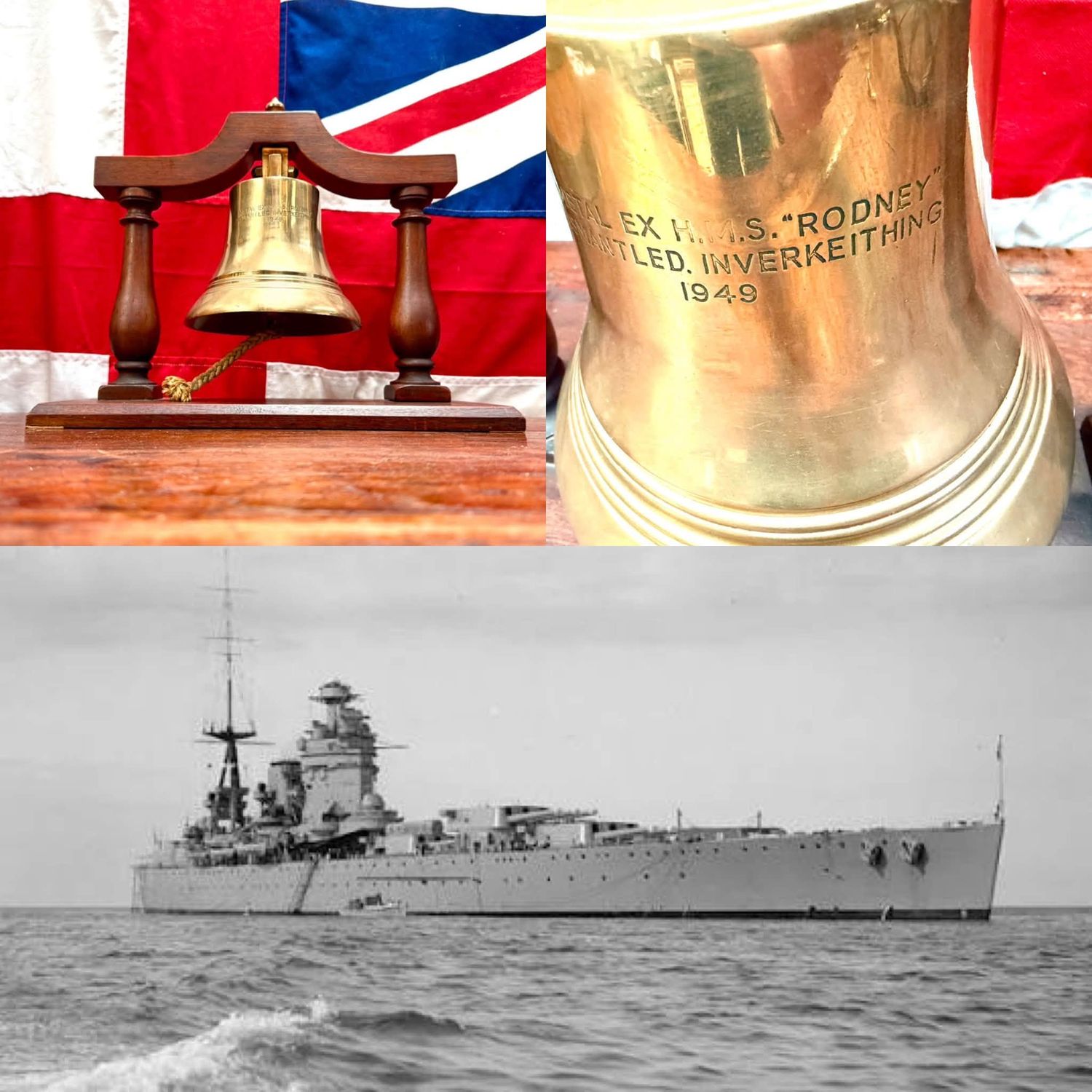 Nicely Presented Royal Navy HMS Rodney WW2 Salvaged Bronze Bell c.1949 Nicely Presented Royal Navy HMS Rodney WW2 Salvaged Bronze Bell c.1949