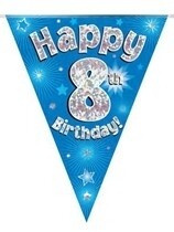 Blue Happy 8th Birthday Holographic Flag Banner