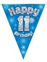 Blue Happy 11th Birthday Holographic Flag Banner