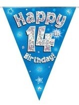 Blue Happy 14th Birthday Holographic Flag Banner