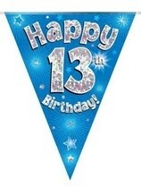 Blue Happy 13th Birthday Holographic Flag Banner