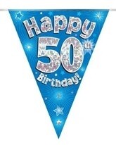 Blue Happy 50th Birthday Holographic Flag Banner
