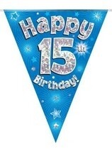 Blue Happy 15th  Birthday Holographic Flag Banner