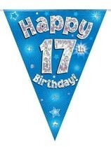 Blue Happy 17th Birthday Holographic Flag Banner