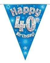 Blue Happy 40th Birthday Holographic Flag Banner