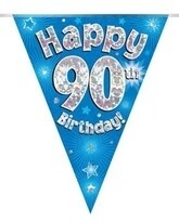 Blue Happy 90th Birthday Holographic Flag Banner