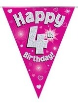 Pink Happy 4th Birthday Holographic Flag Banner