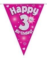 Pink Happy 3rd Birthday Holographic Flag Banner