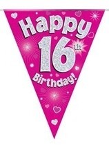 Pink Happy 16th Birthday Holographic Flag Banner