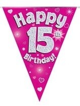 Pink Happy 15th Birthday Holographic Flag Banner