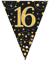 Black & Gold Happy 16th Birthday Flag Bunting